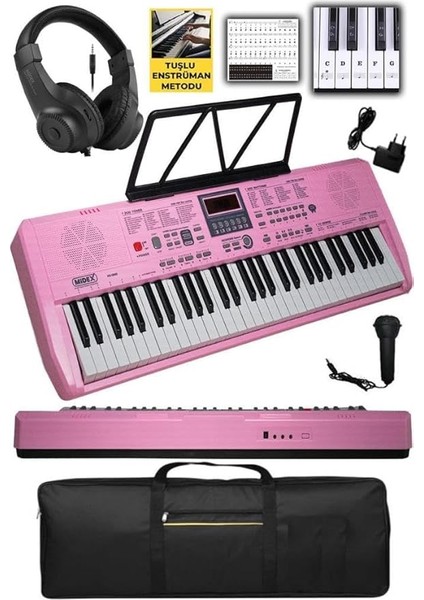 PS-1800PK-H 61 Tuşlu Kaliteli Pembe Org Dijital Ekranlı Kulaklık Çanta Notalık Adaptör Sticker Metod