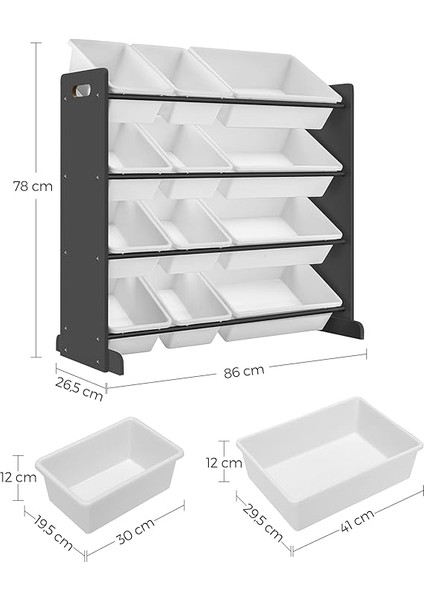 Çocuk Odası Rafı, Oyuncak Düzenleyici, Çocuklar Için Ayakta Raf, Pp Plastikten Yapılmış 12 Saklama Kutusu, Çocuk Odası, Okul, Kreş, 86 x 26.5 x 78 Cm, Koyu Gri-Beyaz GKR04GY modelleri