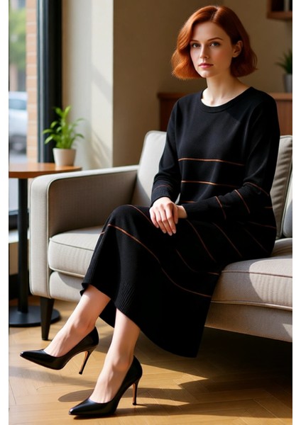 Kadın A Kesim Çizgili Bisiklet Yaka Uzun Standart Kollu Triko Elbise Kış Mevsimi Için Şık ve Rahat fiyatları