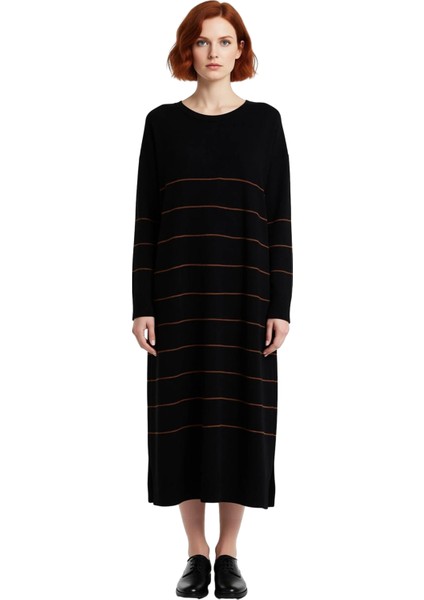 Kadın A Kesim Çizgili Bisiklet Yaka Uzun Standart Kollu Triko Elbise Kış Mevsimi Için Şık ve Rahat modelleri