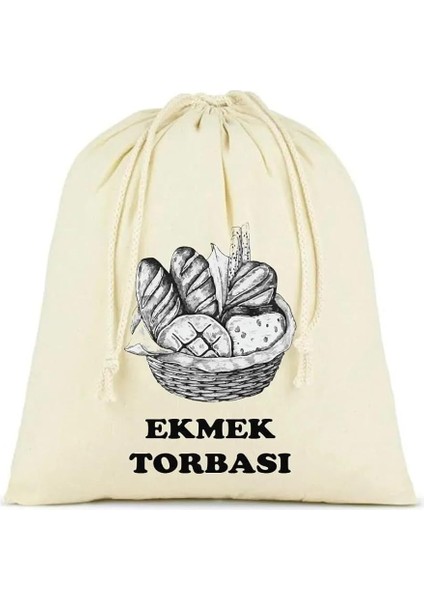 Torbası, Pamuk Bez Torba, 40X40 Cm, Baskılı Ekmek Desenli, Krem Rengi