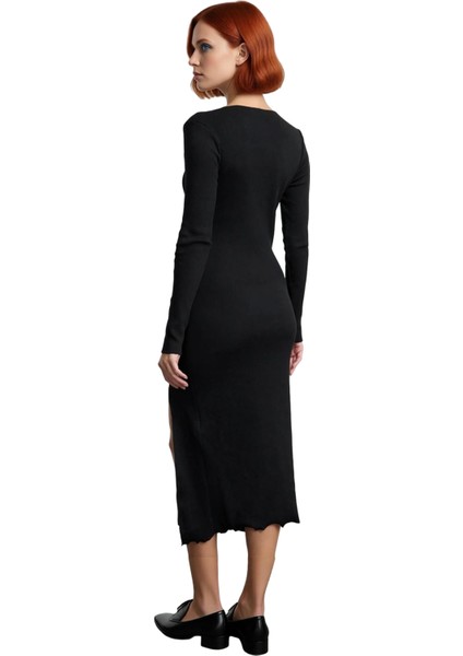 Kadın Örme Bodycon Elbise Midi Boy Kayık Yaka Uzun Kollu Yırtmaç Detaylı Günlük Şık Kombinler Için fırsatları