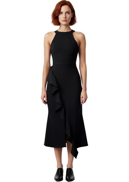 Kadın Siyah Halter Yaka Volanlı Midi Abiye Elbise Vücudu Saran Balık Kesim Şıklığı Yansıtır modelleri