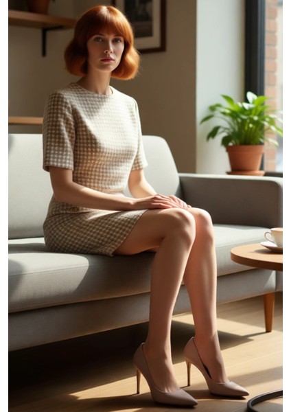 Kadın Kısa Kol Bisiklet Yaka Shift Kalıp Tüvit Elbise Dekoratif Düğmeli Ilkbahar Sonbahar Şıklığı