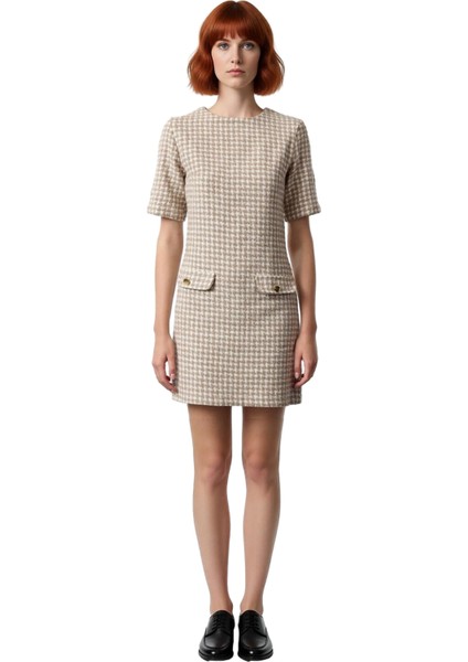 Kadın Kısa Kol Bisiklet Yaka Shift Kalıp Tüvit Elbise Dekoratif Düğmeli Ilkbahar Sonbahar Şıklığı fiyatları