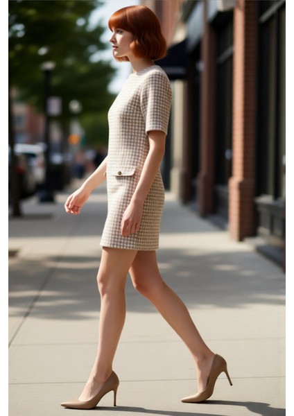 Kadın Kısa Kol Bisiklet Yaka Shift Kalıp Tüvit Elbise Dekoratif Düğmeli Ilkbahar Sonbahar Şıklığı fırsatları