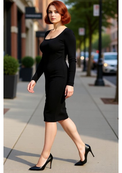 Kadın Büyük Beden Bodycon Fitilli Triko Elbise Uzun Kollu Midi Boy Kare Yaka Şık Tasarım Kaliteli