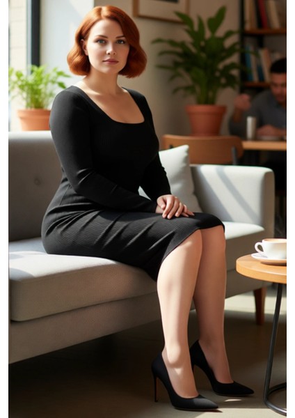 Kadın Büyük Beden Bodycon Fitilli Triko Elbise Uzun Kollu Midi Boy Kare Yaka Şık Tasarım Kaliteli fiyatları