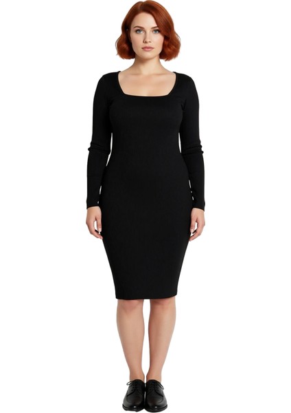 Kadın Büyük Beden Bodycon Fitilli Triko Elbise Uzun Kollu Midi Boy Kare Yaka Şık Tasarım Kaliteli modelleri