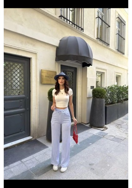 Su Yolu Çizgili Kolay Kombinle Ne Bilir Cepli Pantolon - Açık Mavi