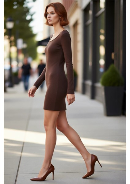 Kadınlar Için Havuz Yaka Uzun Kollu Bodycon Fitilli Mini Elbise Şık Kışlık Günlük Stil Ideal