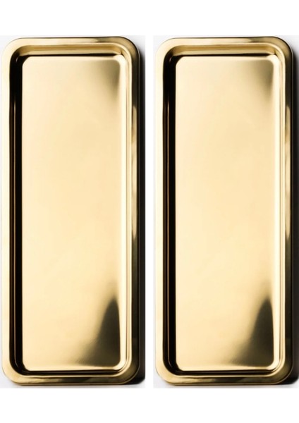 Paslanmaz Çelik Gold Renk Dikdörtgen Dar Metal Düz Sunum Tepsisi Çay Kahve Tatlı Sunum 2 Adet