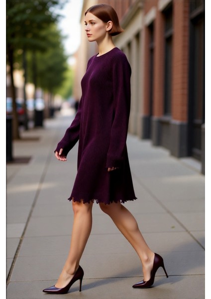 Kadın Shift Kalıp Mini Boy Akıtma Detaylı Triko Elbise Rahat Bisiklet Yaka Uzun Reglan Kol Kışlık