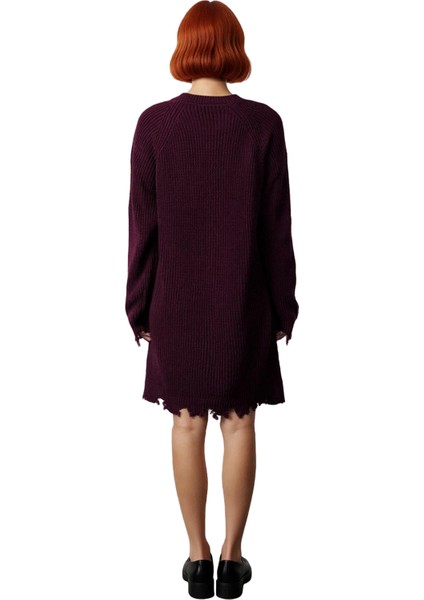 Kadın Shift Kalıp Mini Boy Akıtma Detaylı Triko Elbise Rahat Bisiklet Yaka Uzun Reglan Kol Kışlık fırsatları