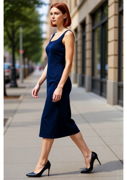 Kadın Mavi Denim Midi Elbise Kare Yaka Kolsuz Bodycon Kalıp Trend Günlük Şıklık Için Ideal