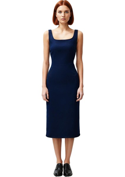 Kadın Mavi Denim Midi Elbise Kare Yaka Kolsuz Bodycon Kalıp Trend Günlük Şıklık Için Ideal modelleri