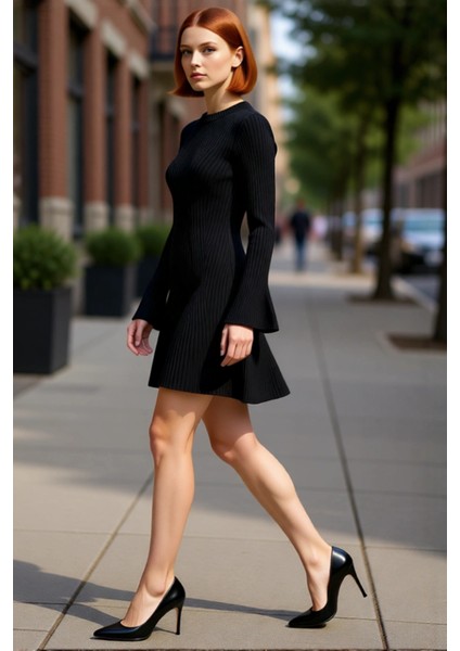 Kadınlar Için Kışlık Gri A Line Kesim Fitilli Triko Mini Elbise Bisiklet Yaka Uzun Kollu Şıklık