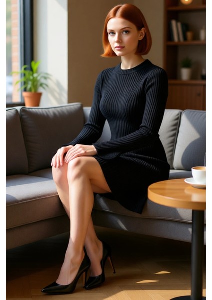 Kadınlar Için Kışlık Gri A Line Kesim Fitilli Triko Mini Elbise Bisiklet Yaka Uzun Kollu Şıklık fiyatları