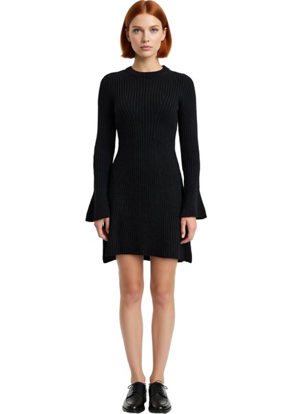 Kadınlar Için Kışlık Gri A Line Kesim Fitilli Triko Mini Elbise Bisiklet Yaka Uzun Kollu Şıklık modelleri