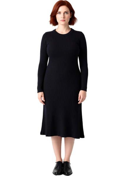 Kadın A Line Kalıp Fitilli Triko Elbise Midi Boy Uzun Kollu Bisiklet Yaka Düz Desenli Şıklık modelleri