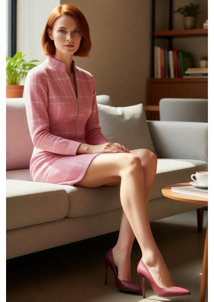 Kadın Bodycon Tüvit Dokuma Ekose Fermuarlı Dik Yaka Uzun Kollu Mini Elbise Ofis Günlük Şıklık fiyatları