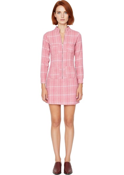 Kadın Bodycon Tüvit Dokuma Ekose Fermuarlı Dik Yaka Uzun Kollu Mini Elbise Ofis Günlük Şıklık modelleri