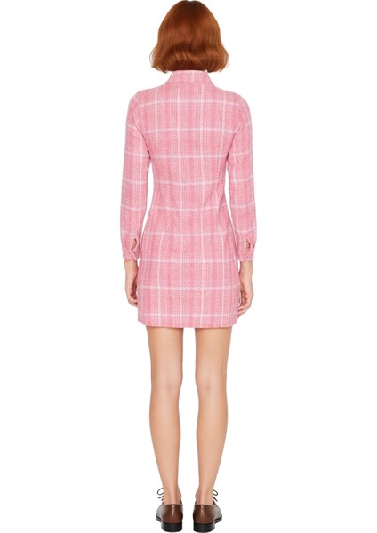 Kadın Bodycon Tüvit Dokuma Ekose Fermuarlı Dik Yaka Uzun Kollu Mini Elbise Ofis Günlük Şıklık fırsatları