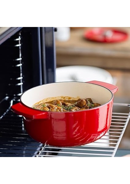 Cast Iron 22 Cm/3,3 L Kapaklı Tencere, Kaliteli, Sağlam ve Uzun Ömürlü, Kızartma, Kızartma, Pas Içermeyen Emaye Iç Kısım, Indüksiyon, Ergonomik Sap, 260°C'YE Kadar Fırına Dayanıklı, Kırmızı indirimleri