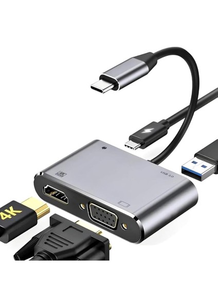 CF02 Macbook Uyumlu Type-C™ To 4K Ultra Hd 1080P Hdmı/vga/pd Şarj/usb 3.0 4ın1 Çevirici Hub Adaptör