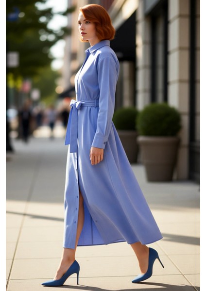 Kadın Lila Kuşaklı Dokuma Gömlek Elbise Rahat Standart Kol Maxi Boy Düz Desen Şıklığı Kaliteli