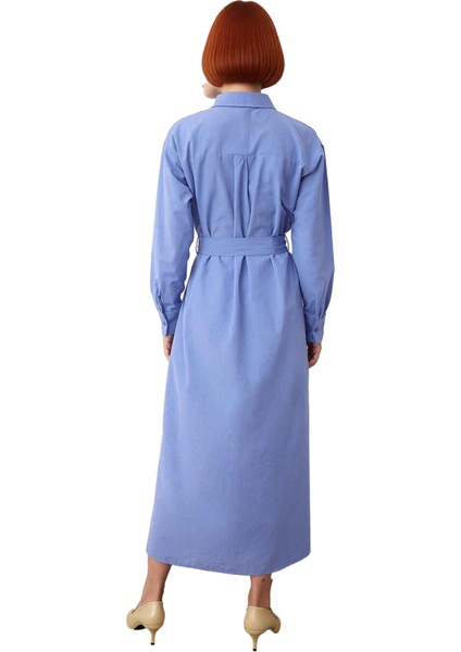 Kadın Lila Kuşaklı Dokuma Gömlek Elbise Rahat Standart Kol Maxi Boy Düz Desen Şıklığı Kaliteli fırsatları