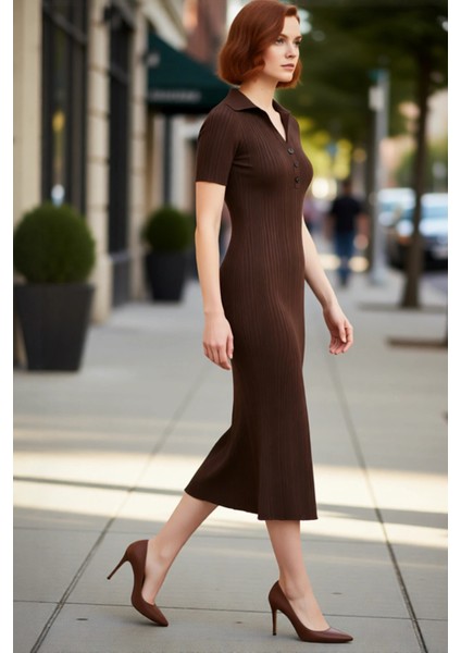 Kadın Kahverengi Bodycon Maxi Polo Yaka Standart Kısa Kollu Triko Elbise Günlük Şık Rahat Ilkbahar