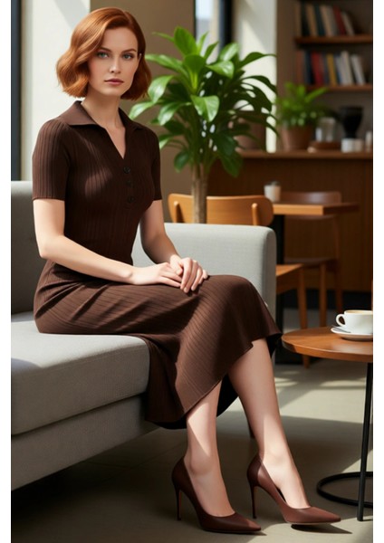 Kadın Kahverengi Bodycon Maxi Polo Yaka Standart Kısa Kollu Triko Elbise Günlük Şık Rahat Ilkbahar fiyatları