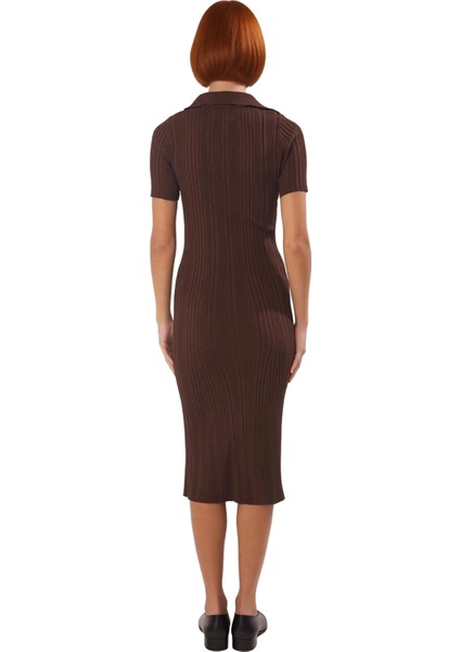 Kadın Kahverengi Bodycon Maxi Polo Yaka Standart Kısa Kollu Triko Elbise Günlük Şık Rahat Ilkbahar fırsatları