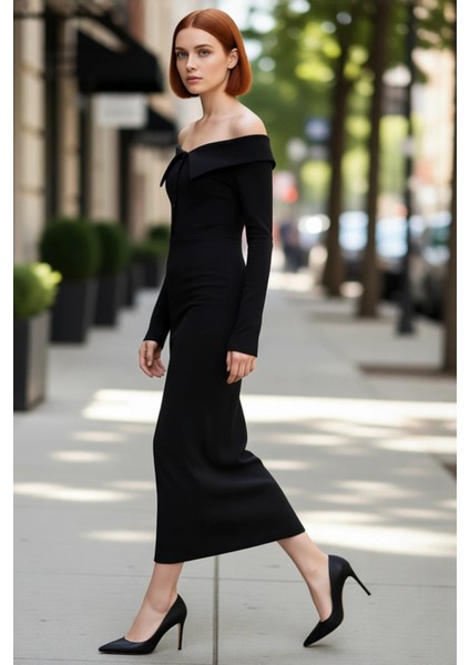 Kadın Siyah Bodycon Maxi Elbise Carmen Yaka Düşük Kol Kışlık Düz Örme Şıklığı Sunar Kaliteli