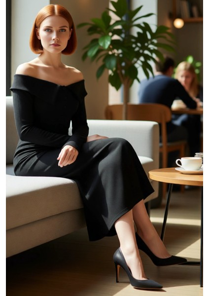 Kadın Siyah Bodycon Maxi Elbise Carmen Yaka Düşük Kol Kışlık Düz Örme Şıklığı Sunar Kaliteli fiyatları