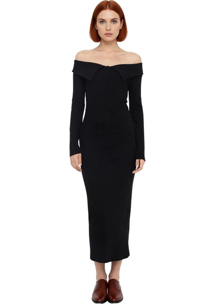 Kadın Siyah Bodycon Maxi Elbise Carmen Yaka Düşük Kol Kışlık Düz Örme Şıklığı Sunar Kaliteli modelleri