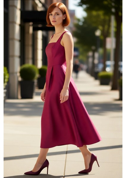 Kadın Skater Kalıp Midi Boy Saten Dokuma Kare Yaka Kokteyl Şık Mezuniyet Elbisesi Kalın Askılı