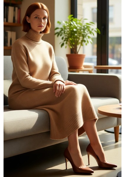 Kadınlara Özel Düz Desen Balıkçı Yaka Midi Triko Elbise Kış Aylarının Rahat ve Şık Seçimi Kaliteli fiyatları