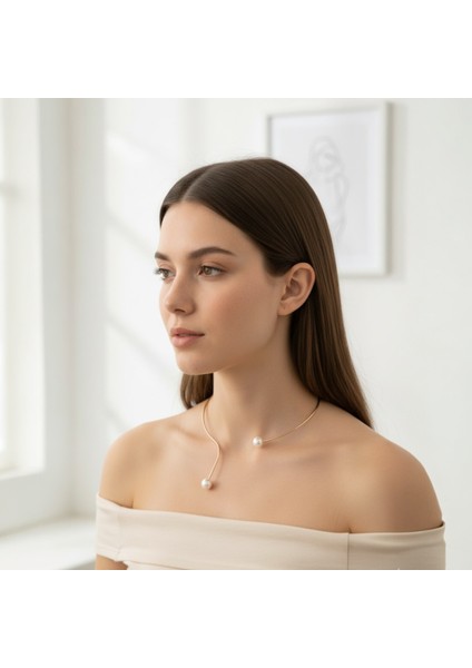 İnci Detaylı Açık Model Choker Kolye Gold Renk Gerdanlık