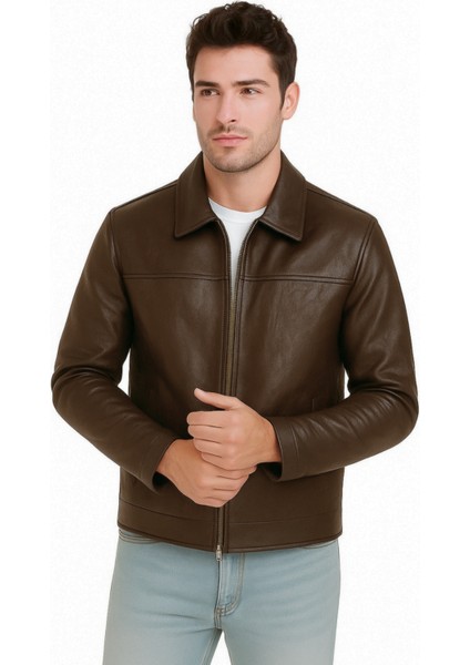 Donald Hakiki Deri Erkek Kahverengi Basic Ceket