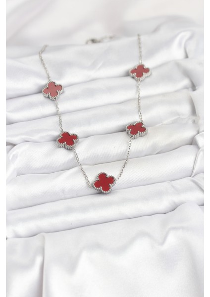 316L Çelik Zincir Gümüş Renk Bordo Renk Yonca Kadın Kolye - TJ-BKO10569 fiyatları