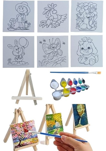 Doğal Seramik Hamuru Mini Şövale Çizimli Resim Başlangıç Seti, Akrilik Boya, Fırça, Şövale Çocuk Hediye Ressam Seti