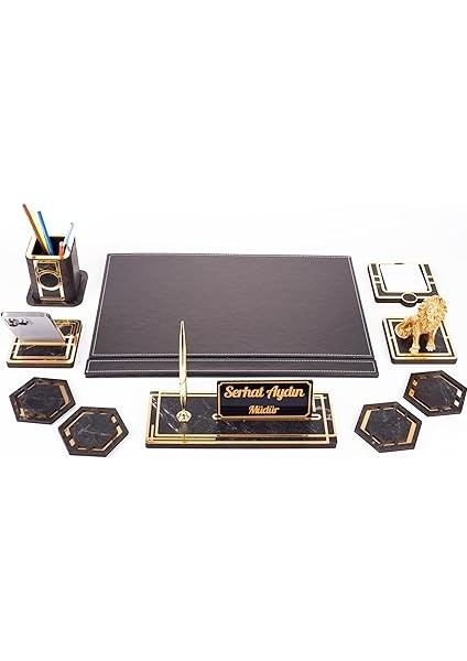 Aslan Biblolu Altın Deri Sümen Takımı Mermer Desen Ahşap Isme Özel Masa Isimliği Masaüstü Isimlik fırsatları