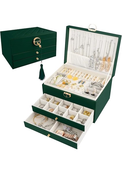 Kadınlar Için Takı Standı, Takı Kutusu, 3 Katlı Takı Kutusu, Kadınlar Için Kolye, Yüzük Saklamak Için Takı Kutusu (Yeşil)