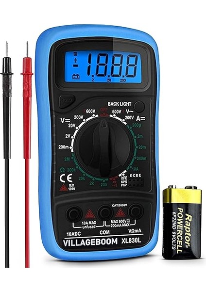 LCD Arka Aydınlatmalı Dijital Multimetre Test Cihazı - Akım, Ac/dc Gerilim, Direnç, Süreklilik, Diyotlar Vb., Mavi, 9 Volt Pil ve Test Uçlarıyla (Ev Dekorasyonu) B07H9VF29K (De)