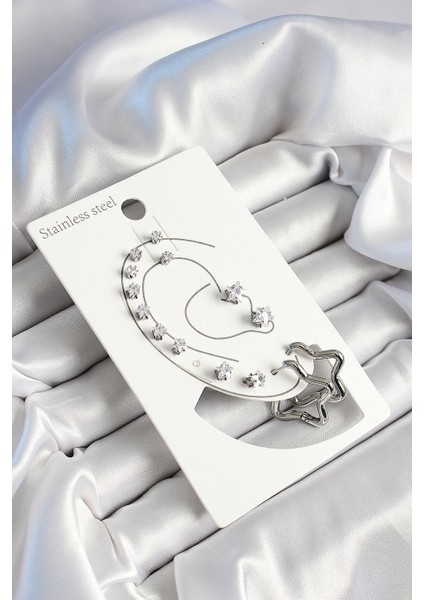 316L Çelik Yıldız Figürlü Ve Zirkon Taşlı Gümüş Renk 7'li Çift Kadın Küpe Set - TJ-BKP10636