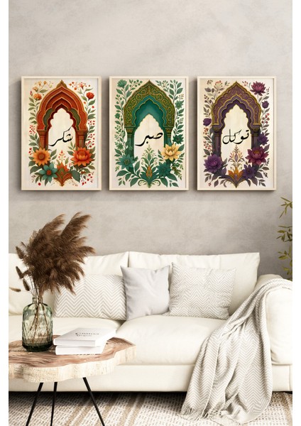 🎨 Şükür - Sabır - Tevekkül Yazılı 3'lü Çerçeveli Tablo Seti 🌿🌸 CRV1231 23 x 32 fırsatları