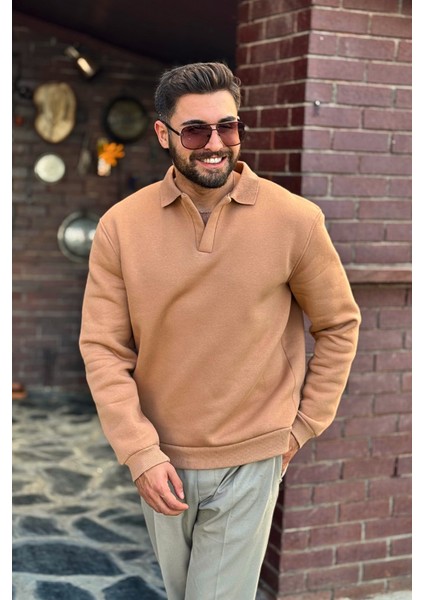 Erkek Kahverengi Polo Yakalı Pamuklu Yumuşak Kalın Kumaşlı Oversize Sweatshirt fırsatları