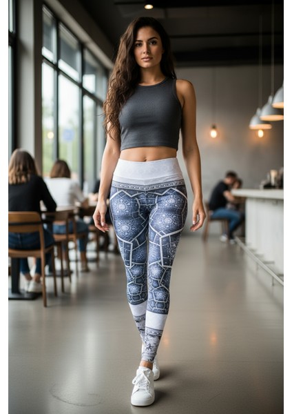 Parlak Taşlı Spor Şık Baskılı Bayan Tayt